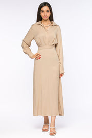 long dress with ruched waist