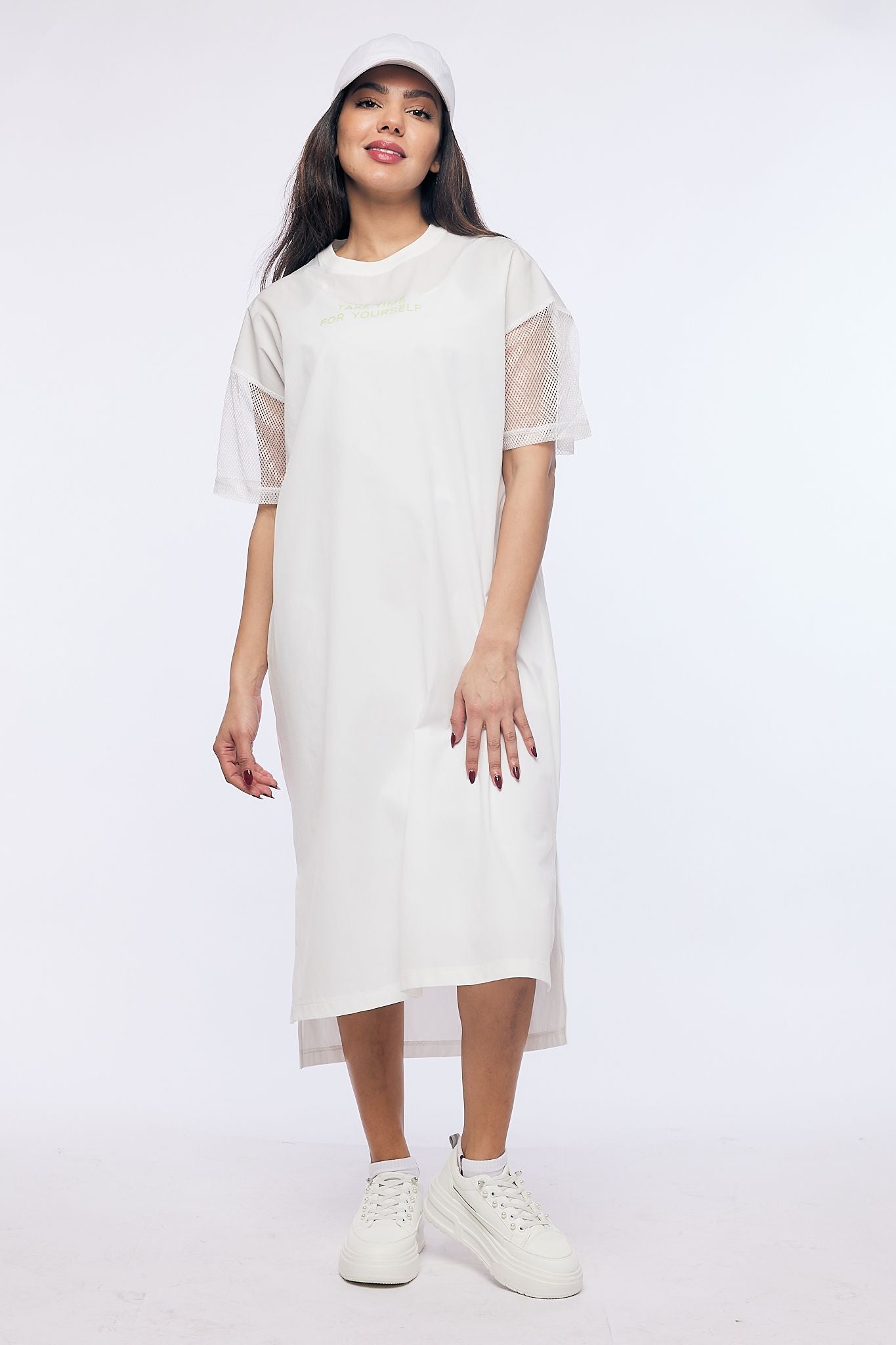 dress with print and mesh sleeves