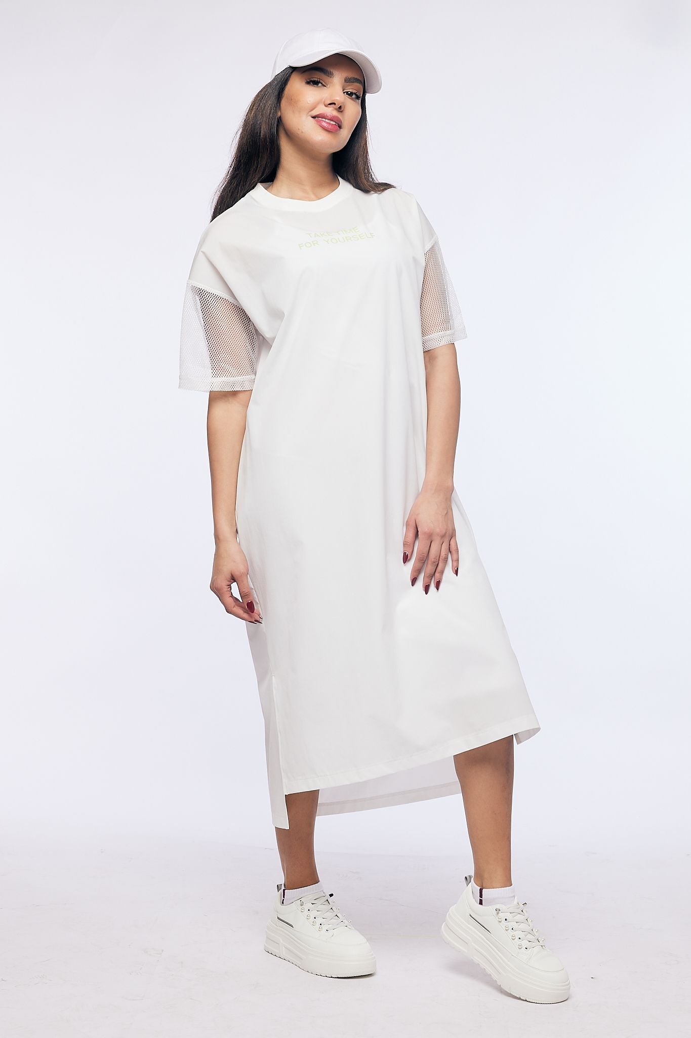 dress with print and mesh sleeves