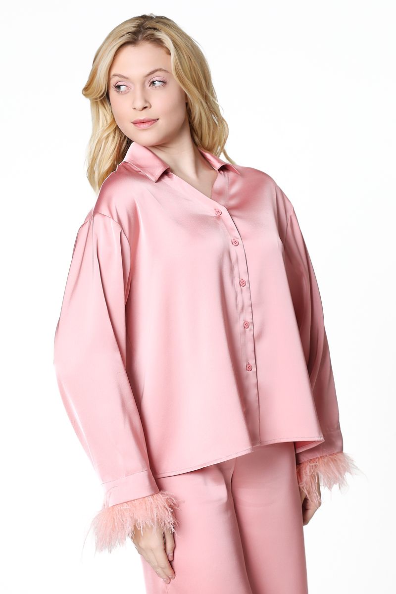 satin shirt with feathers