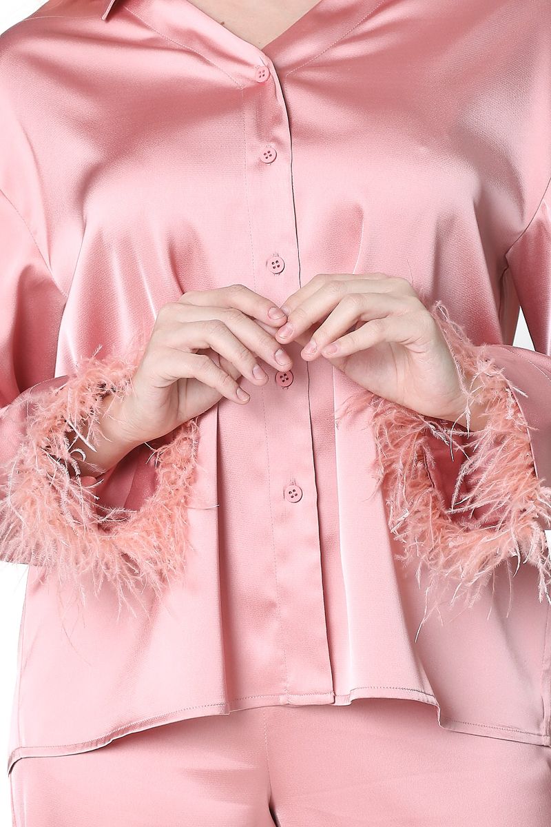 satin shirt with feathers
