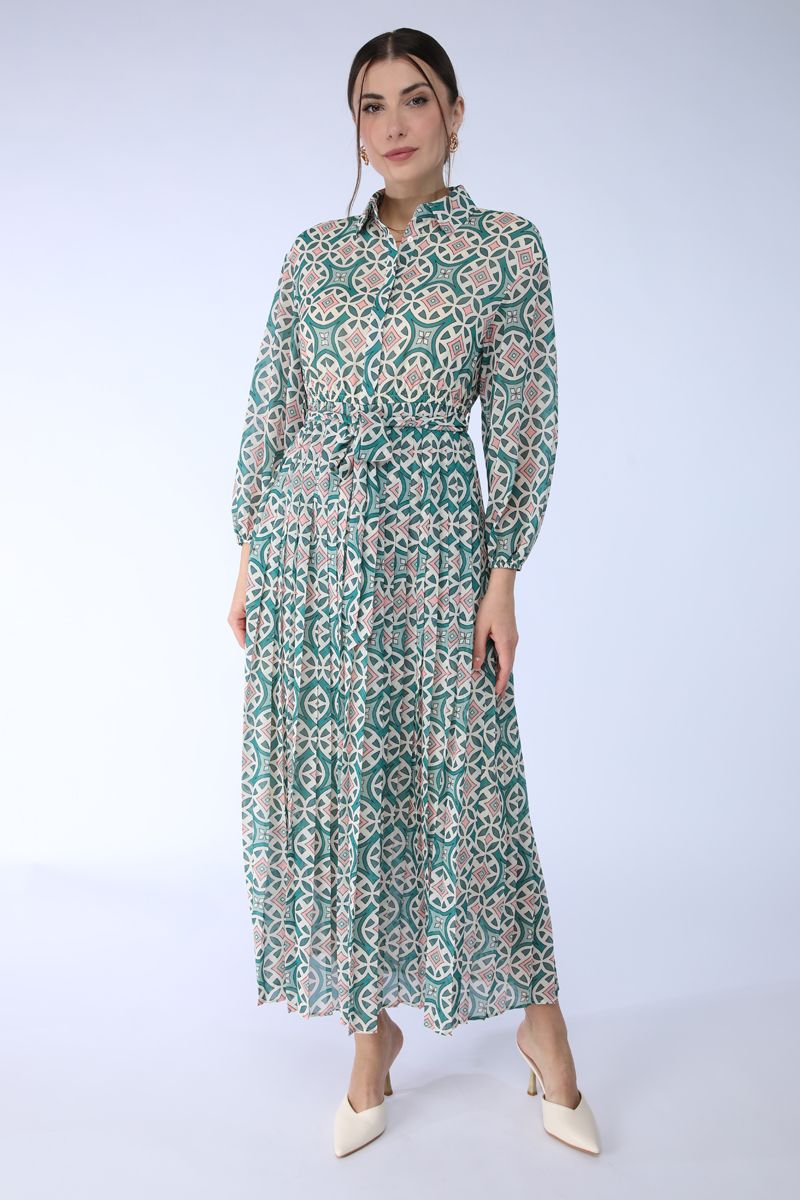 printed maxi dress with pleats