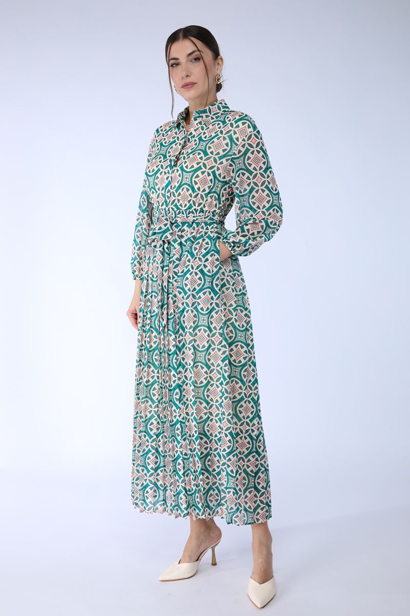 printed maxi dress with pleats