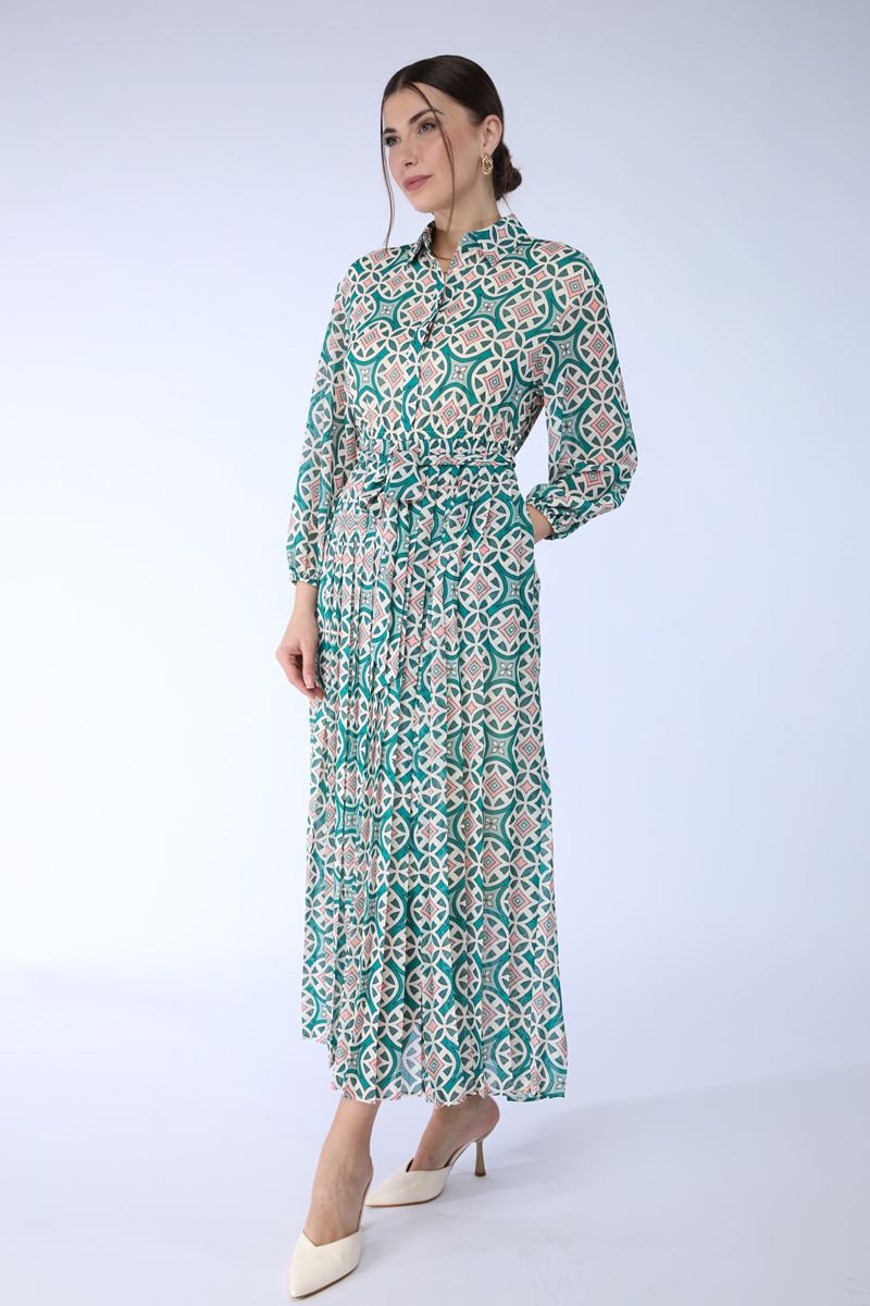 printed maxi dress with pleats