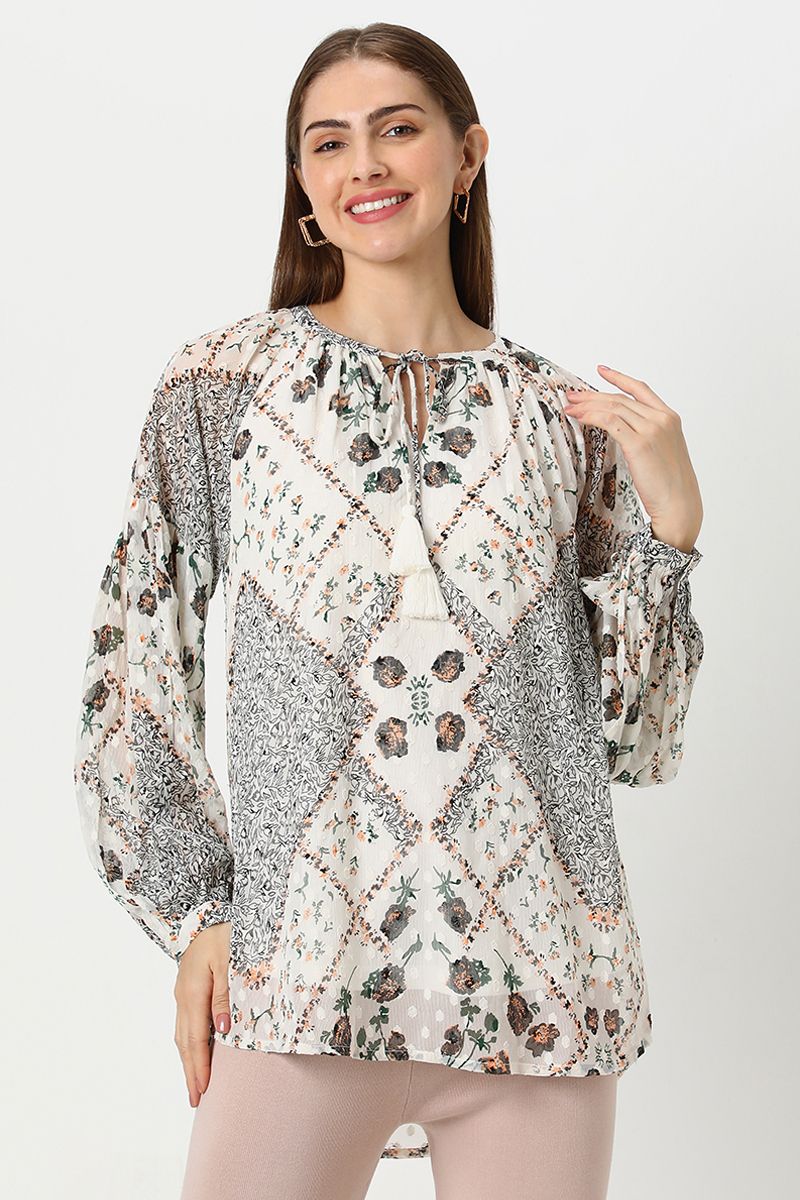 بلوزة نسائية بطبعات ورباط على الرقبة