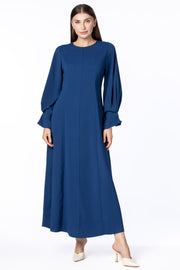 فستان نسائي ماكسي بلون موحد وأكمام مزمومة