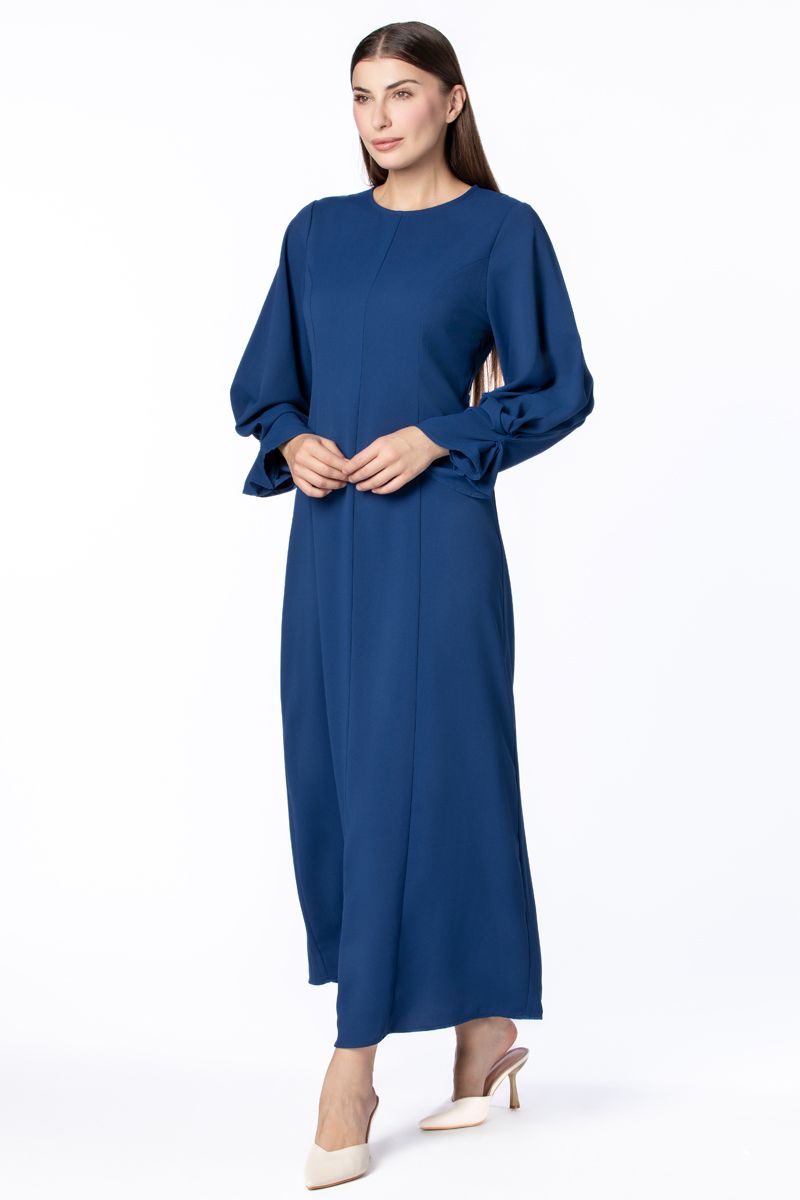 فستان نسائي ماكسي بلون موحد وأكمام مزمومة