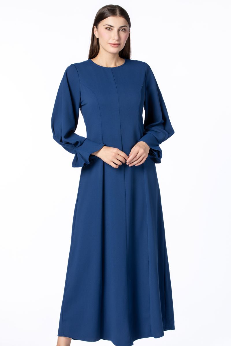 فستان نسائي ماكسي بلون موحد وأكمام مزمومة