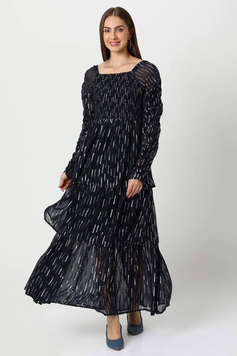 فستان نسائي شيفون طبقات بنقشة ميتاليك