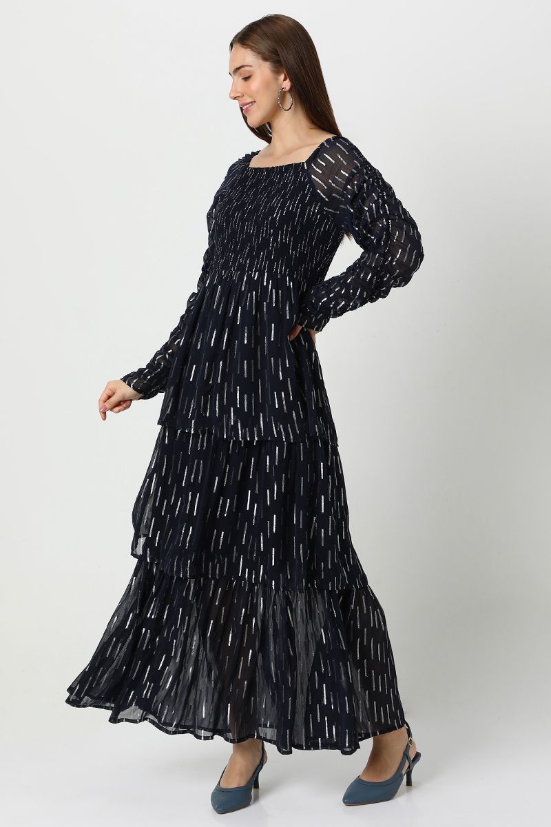 فستان نسائي شيفون طبقات بنقشة ميتاليك