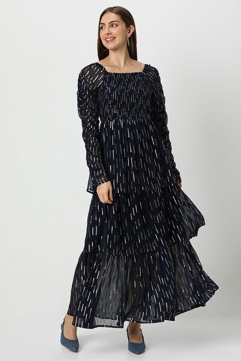 فستان نسائي شيفون طبقات بنقشة ميتاليك