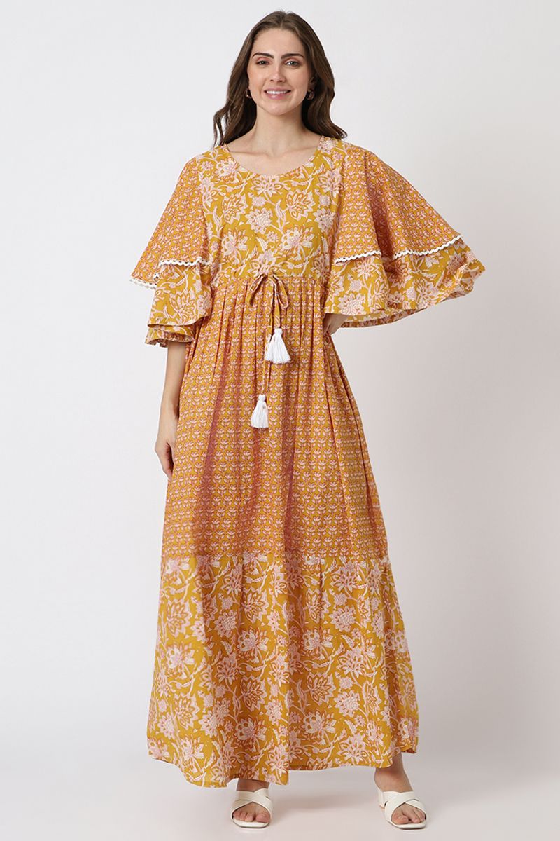 printed women maxi dress with ruffles