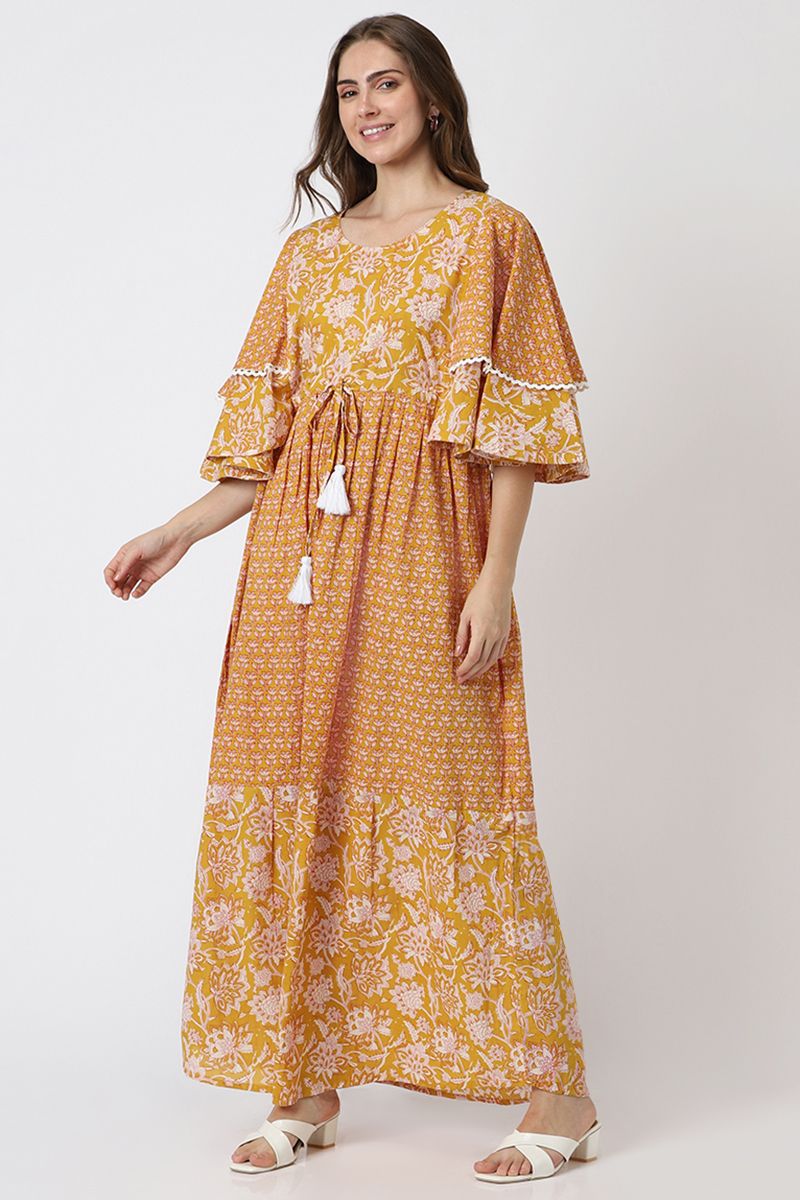 printed women maxi dress with ruffles