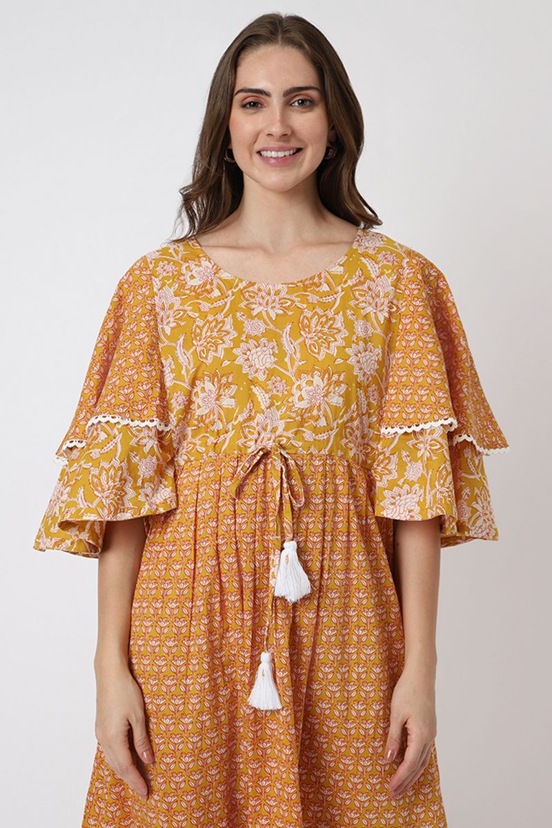 printed women maxi dress with ruffles