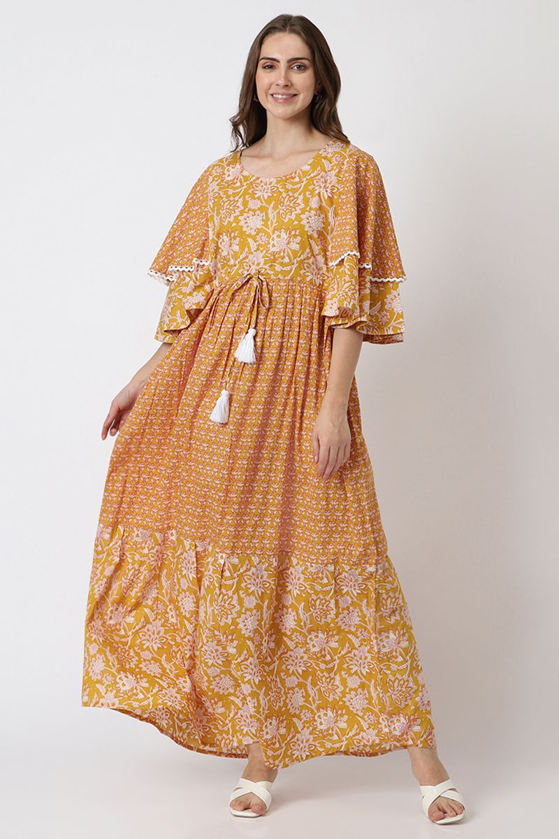printed women maxi dress with ruffles