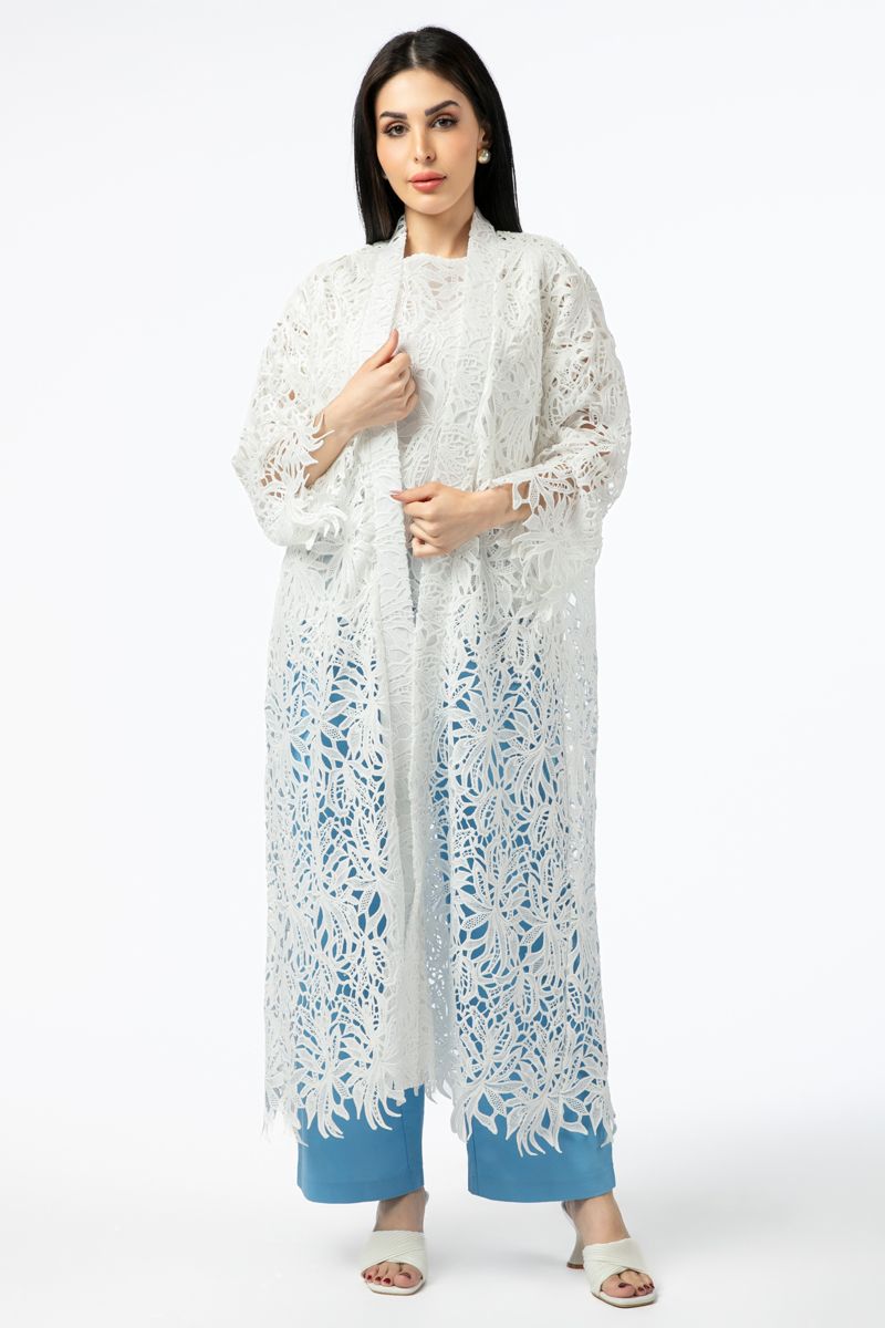 women longline kimono with perforated embroidery