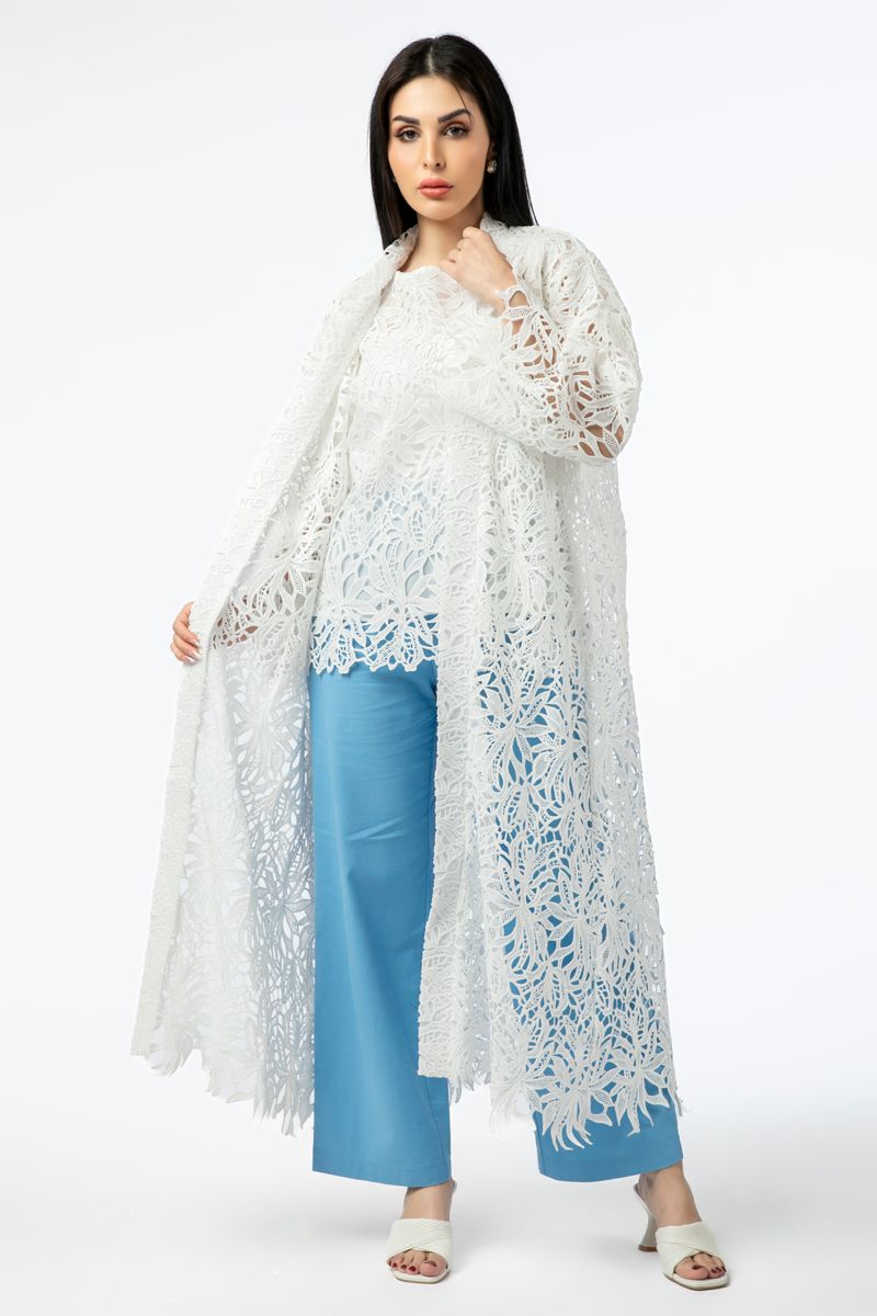 women longline kimono with perforated embroidery