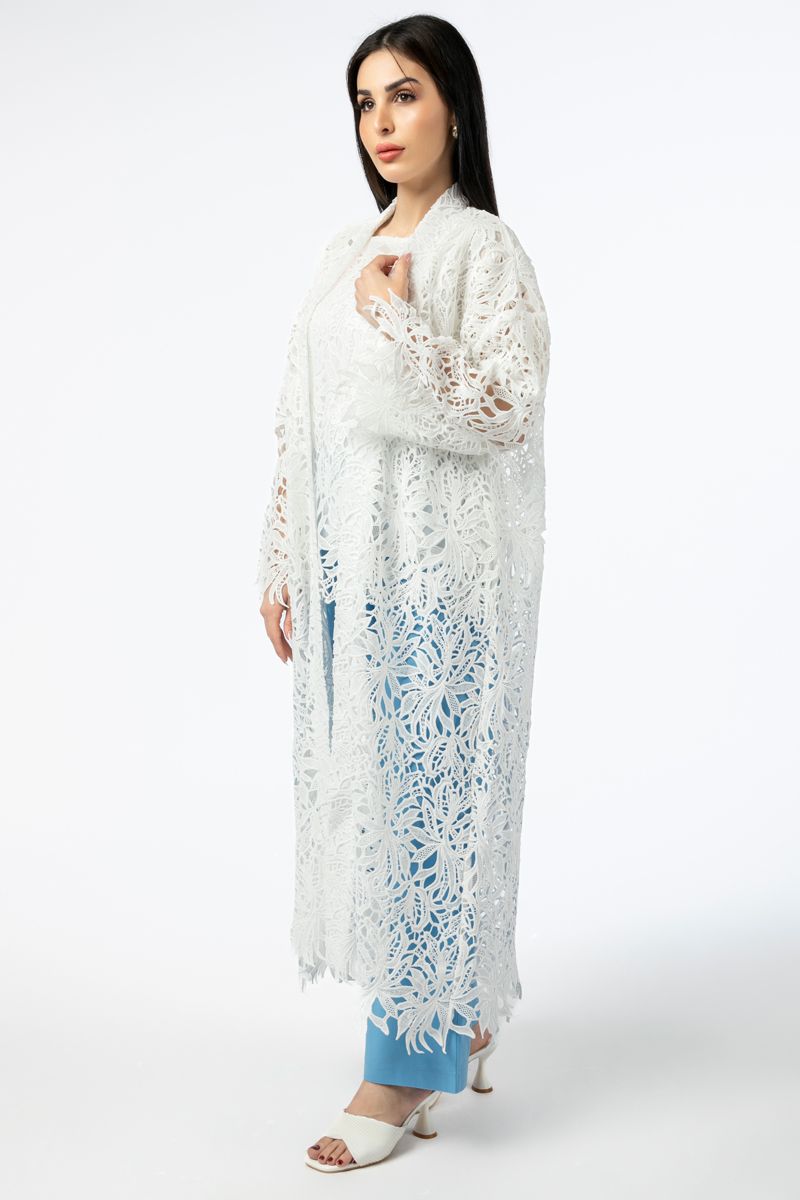 women longline kimono with perforated embroidery