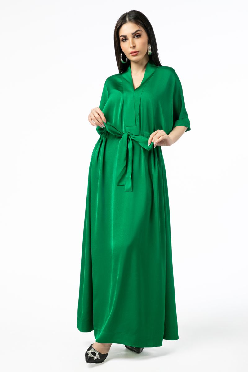 فستان نسائي ماكسي بلون موحد ورباط على الخصر