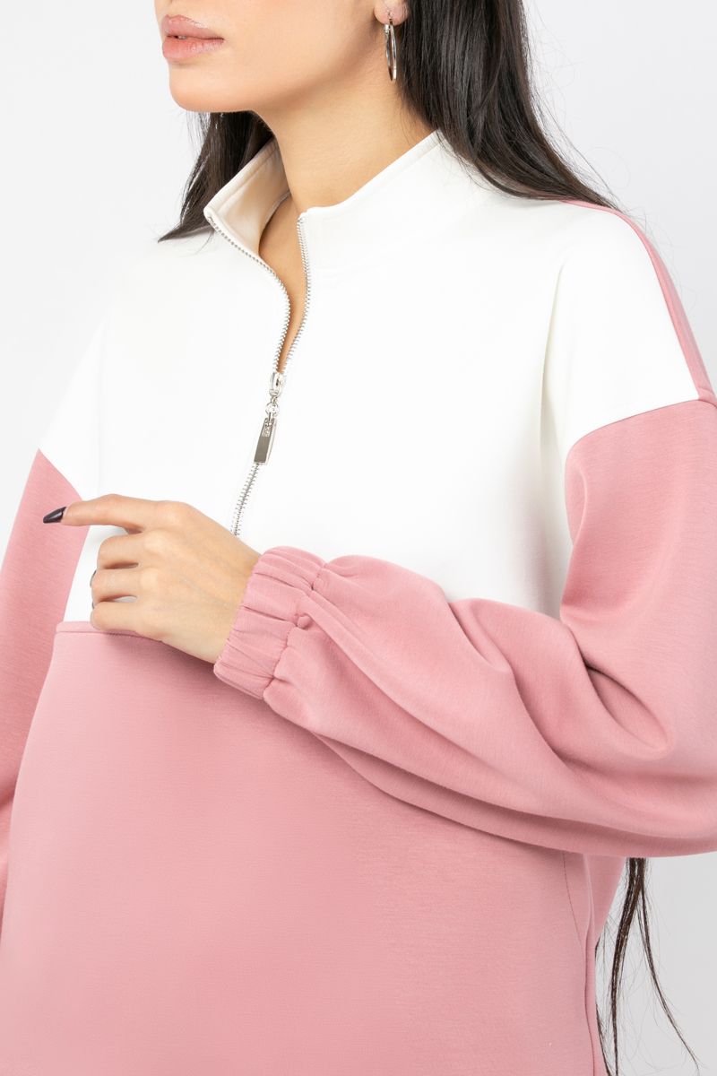 contrast colored women sweatshirt with front zipper