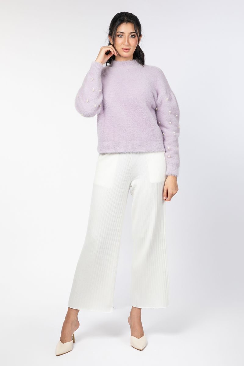 plush knitted women sweater with pearls details