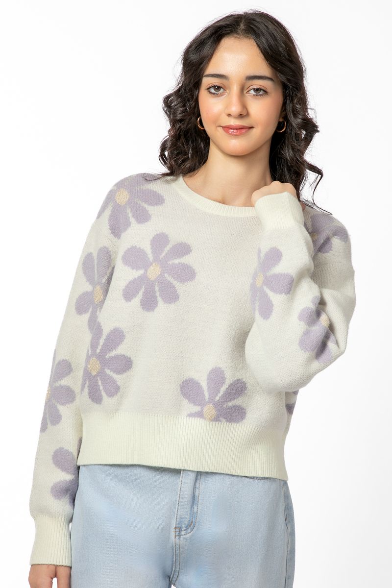 بلوفر نسائية محبوكة بطبعات موردة