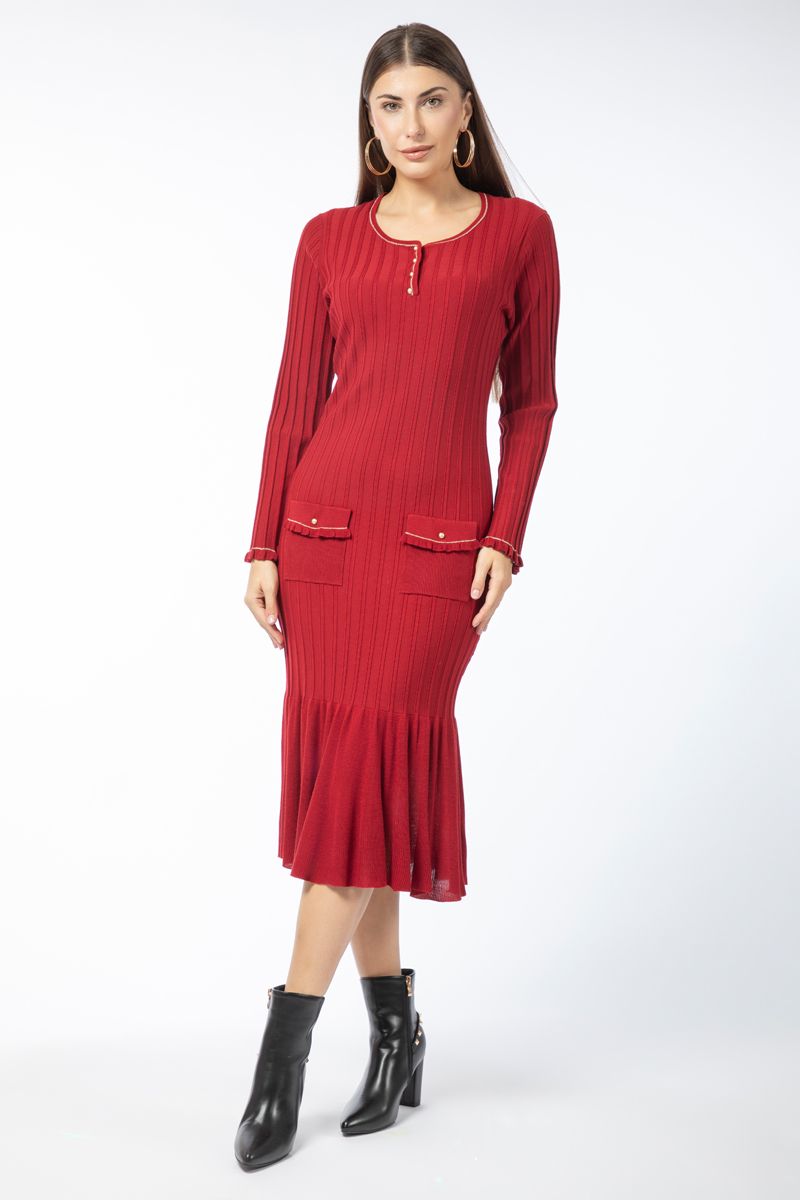 ribbed knitted women dress with flap pockets