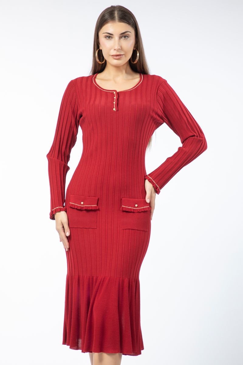 ribbed knitted women dress with flap pockets