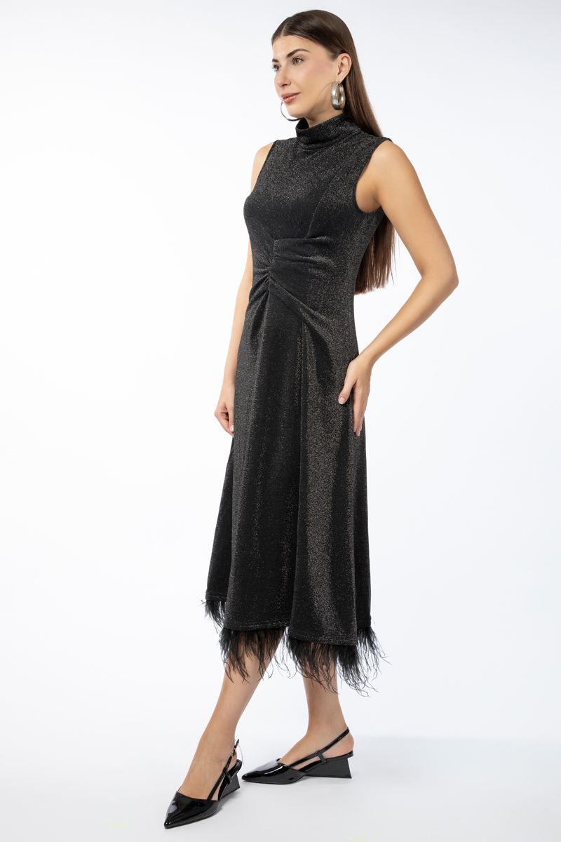 glittery fabric women dress with feathery details