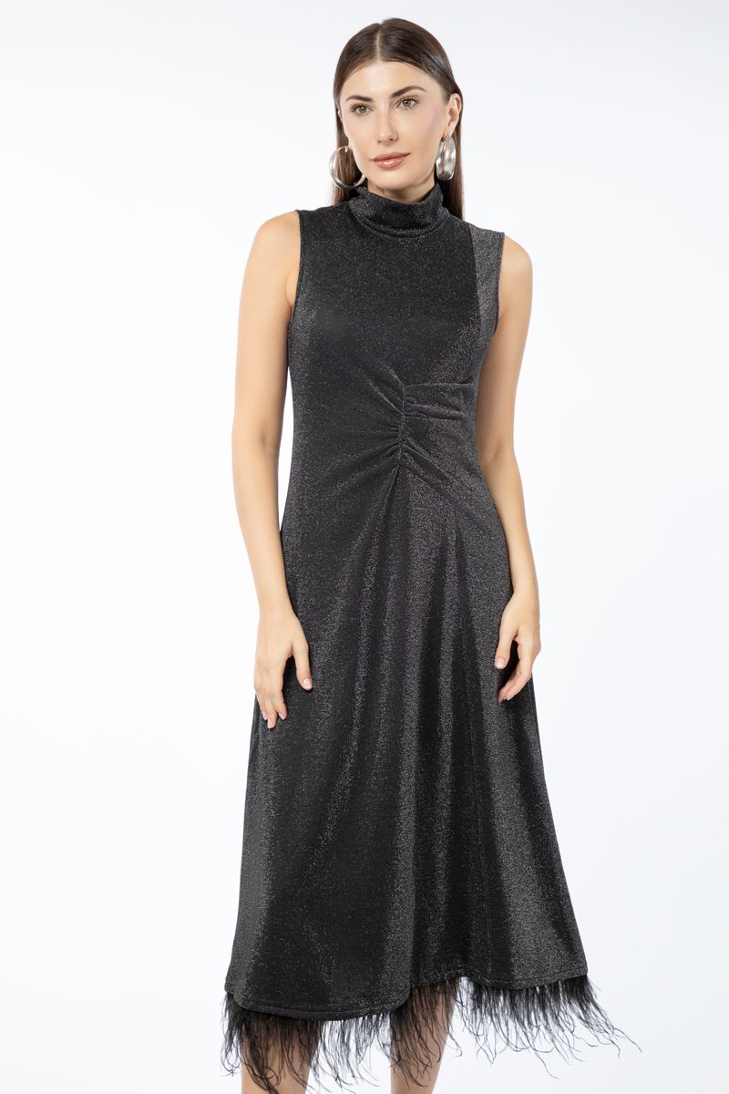 glittery fabric women dress with feathery details