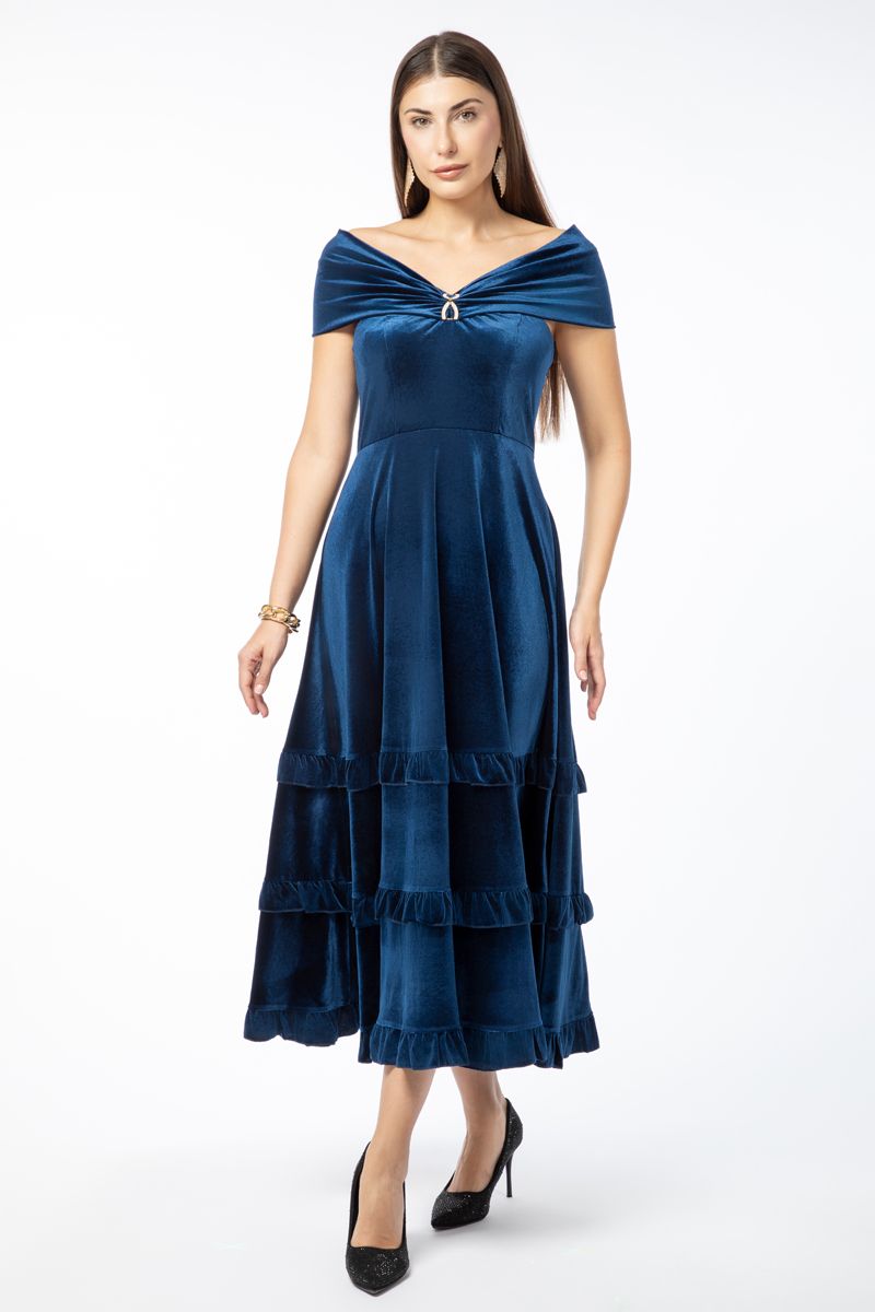 off-shoulder velvet longline women dress