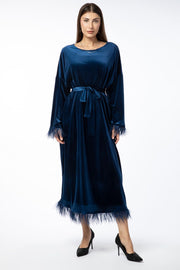 velvet fabric women dress with feathery details