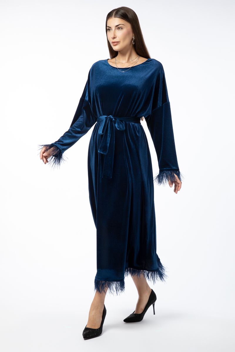 velvet fabric women dress with feathery details
