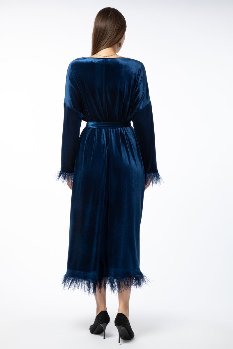 velvet fabric women dress with feathery details