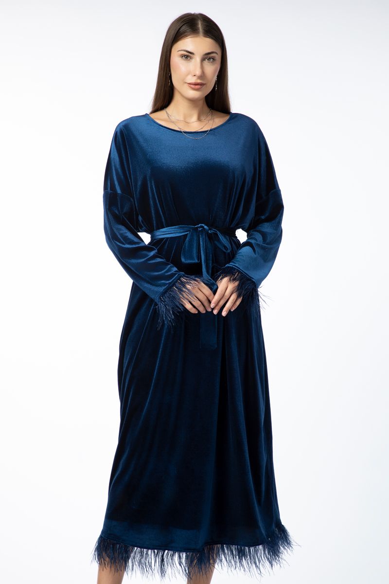 velvet fabric women dress with feathery details