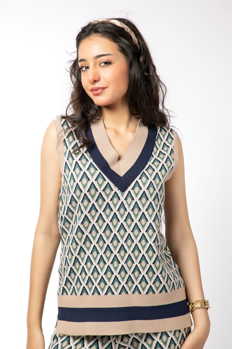 printed sleeveless knitted women sweater