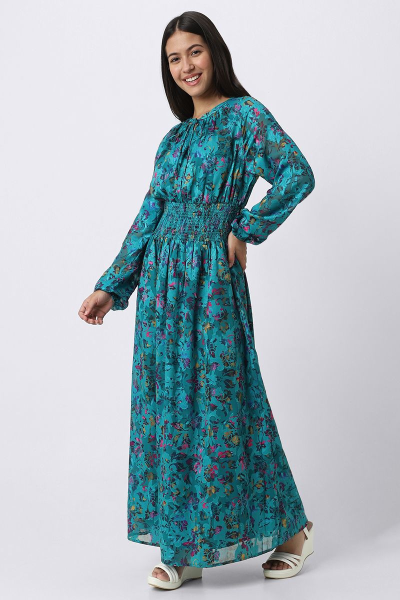 فستان نسائي ماكسي بطبعات موردة