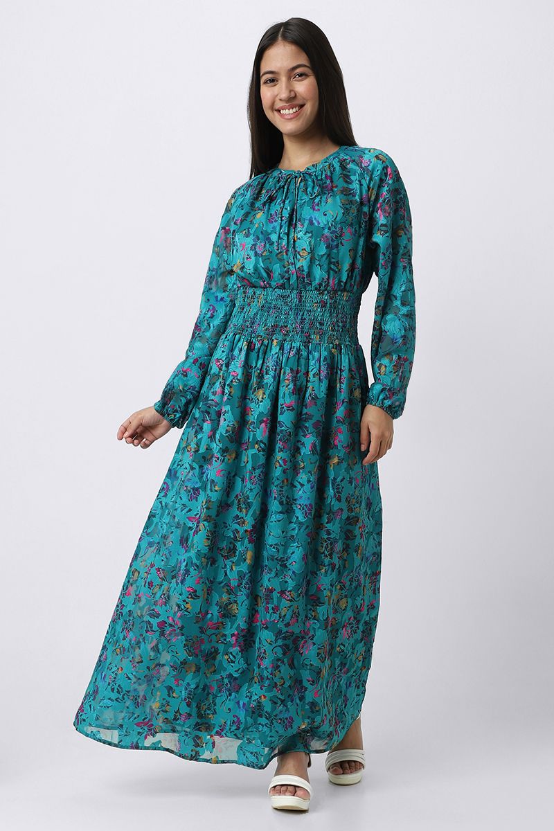 فستان نسائي ماكسي بطبعات موردة