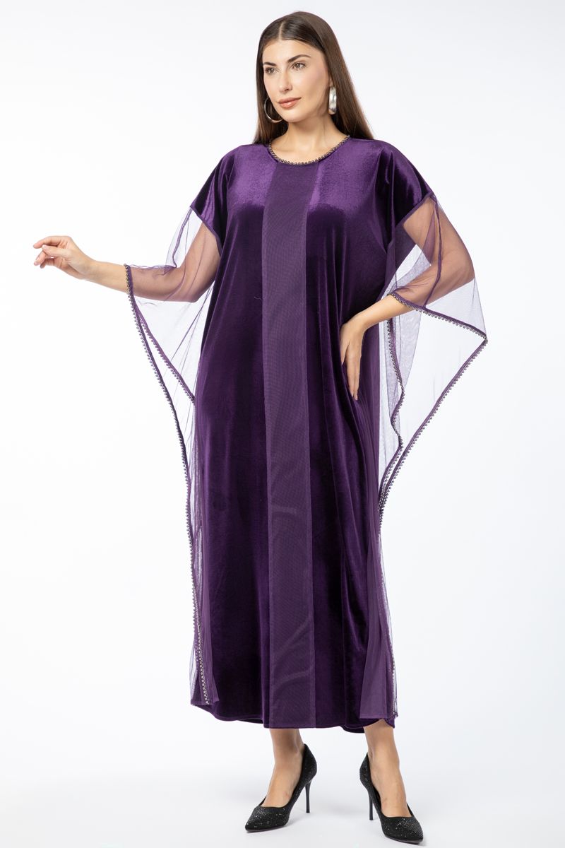 velvet fabric women dress with chiffon sleeves