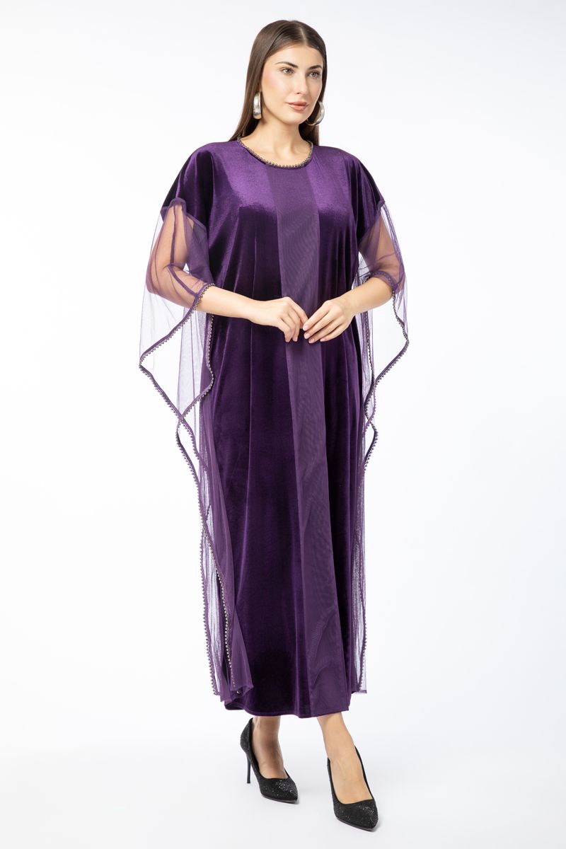 velvet fabric women dress with chiffon sleeves