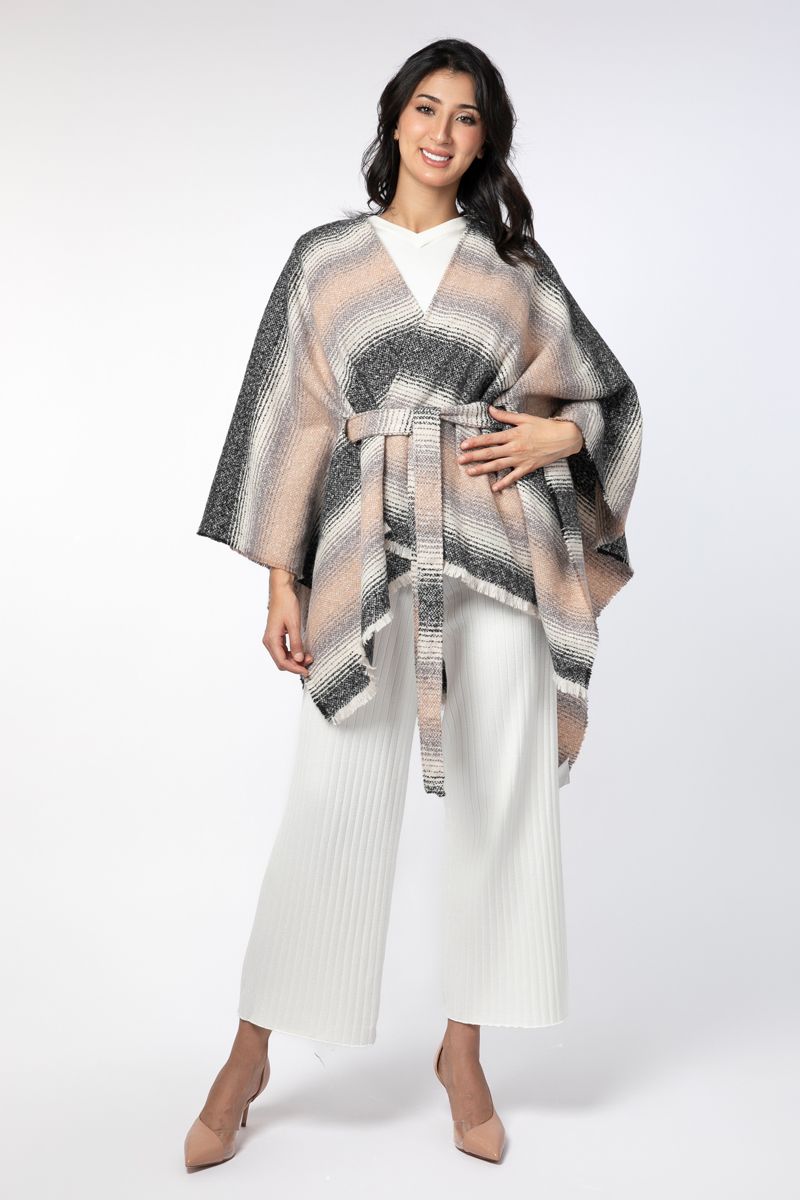striped women poncho scarf with waist belt
