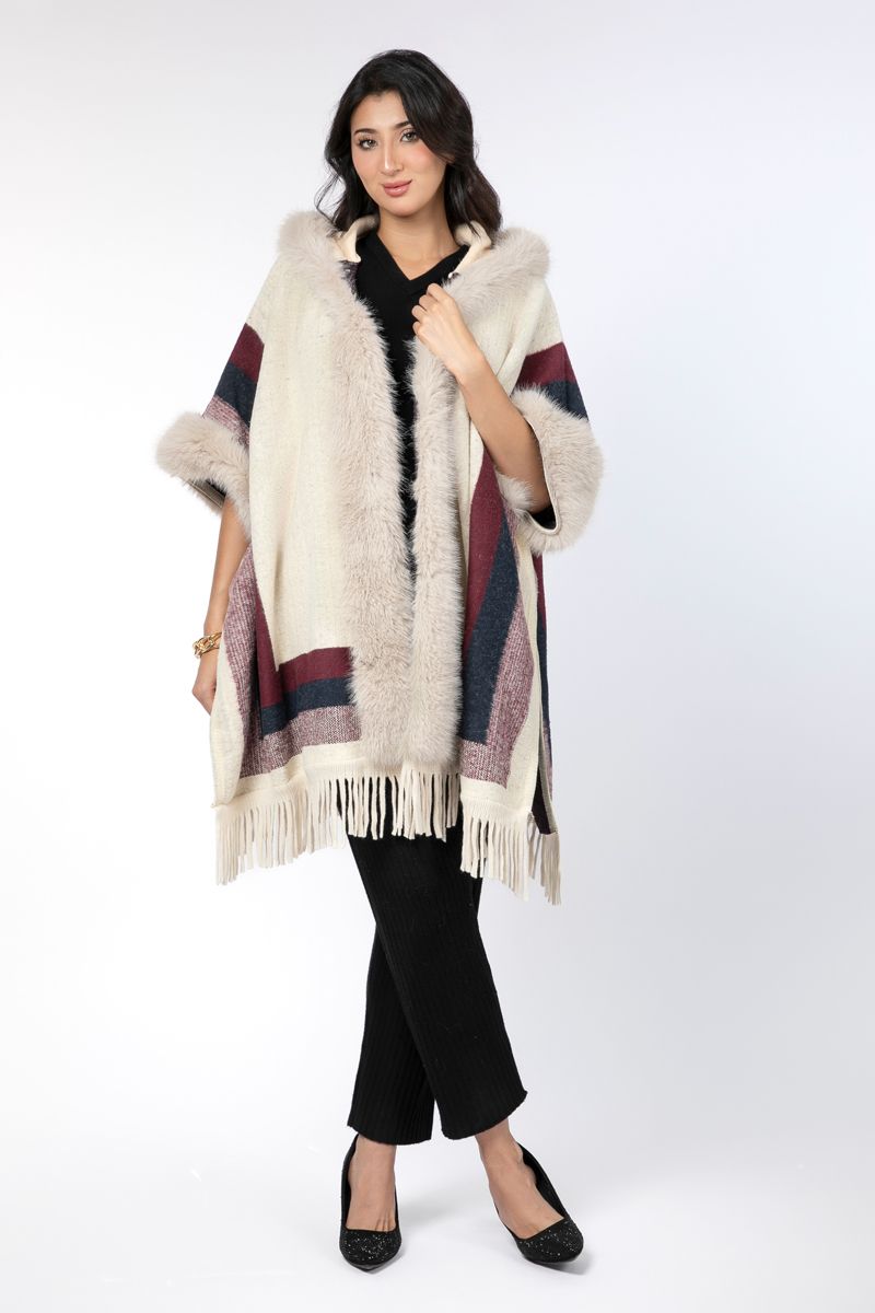 women poncho scarf with fur hoodie