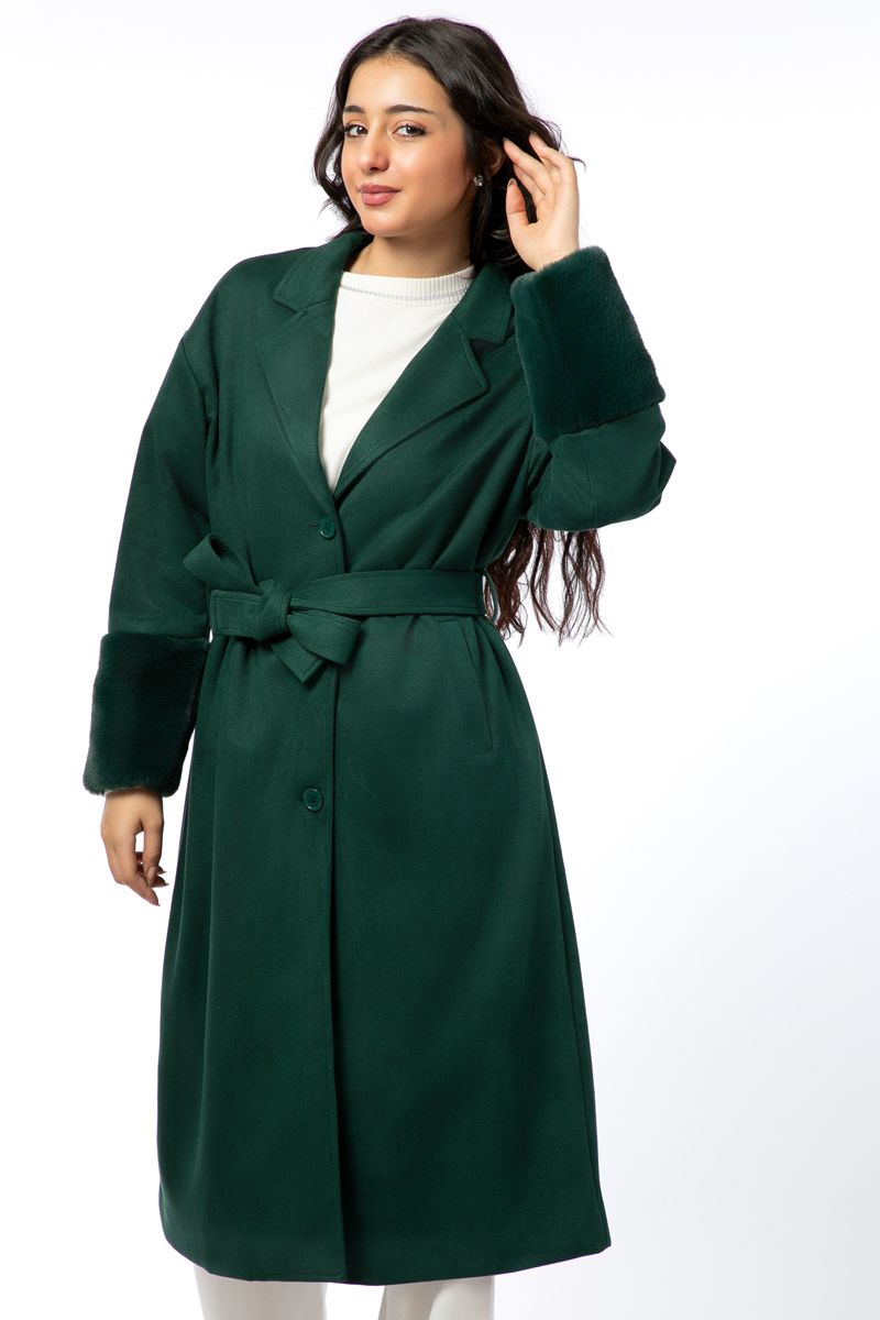 women longline coat with fur on sleeves