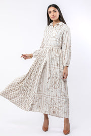 pleated women shirt dress with printed pattern