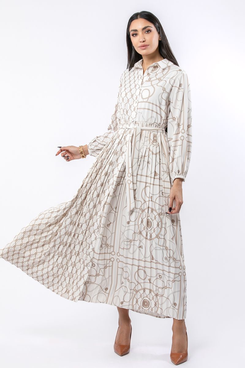 pleated women shirt dress with printed pattern