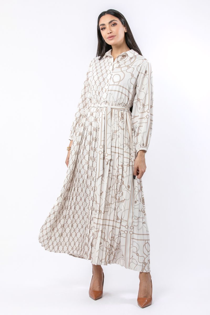 pleated women shirt dress with printed pattern