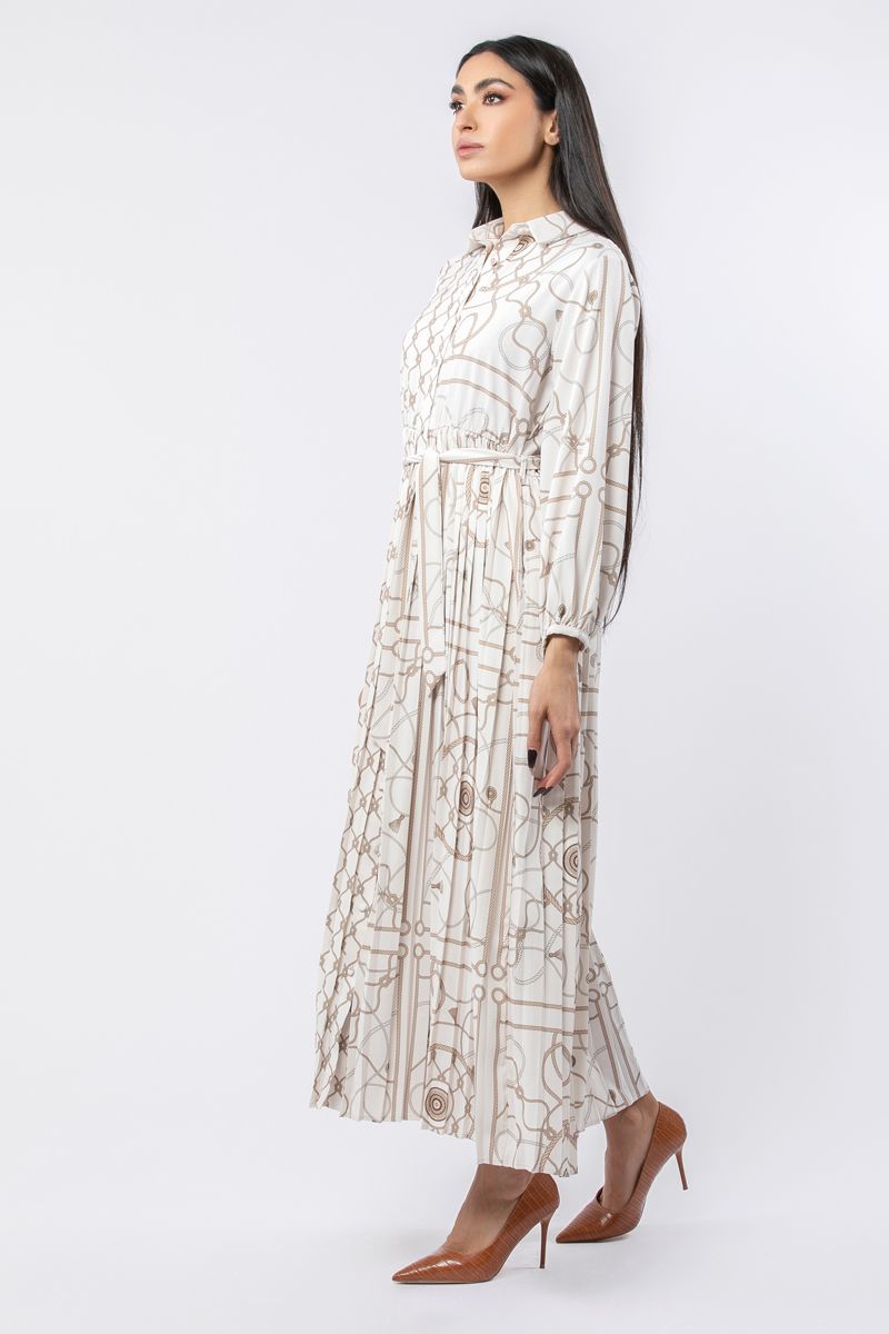 pleated women shirt dress with printed pattern