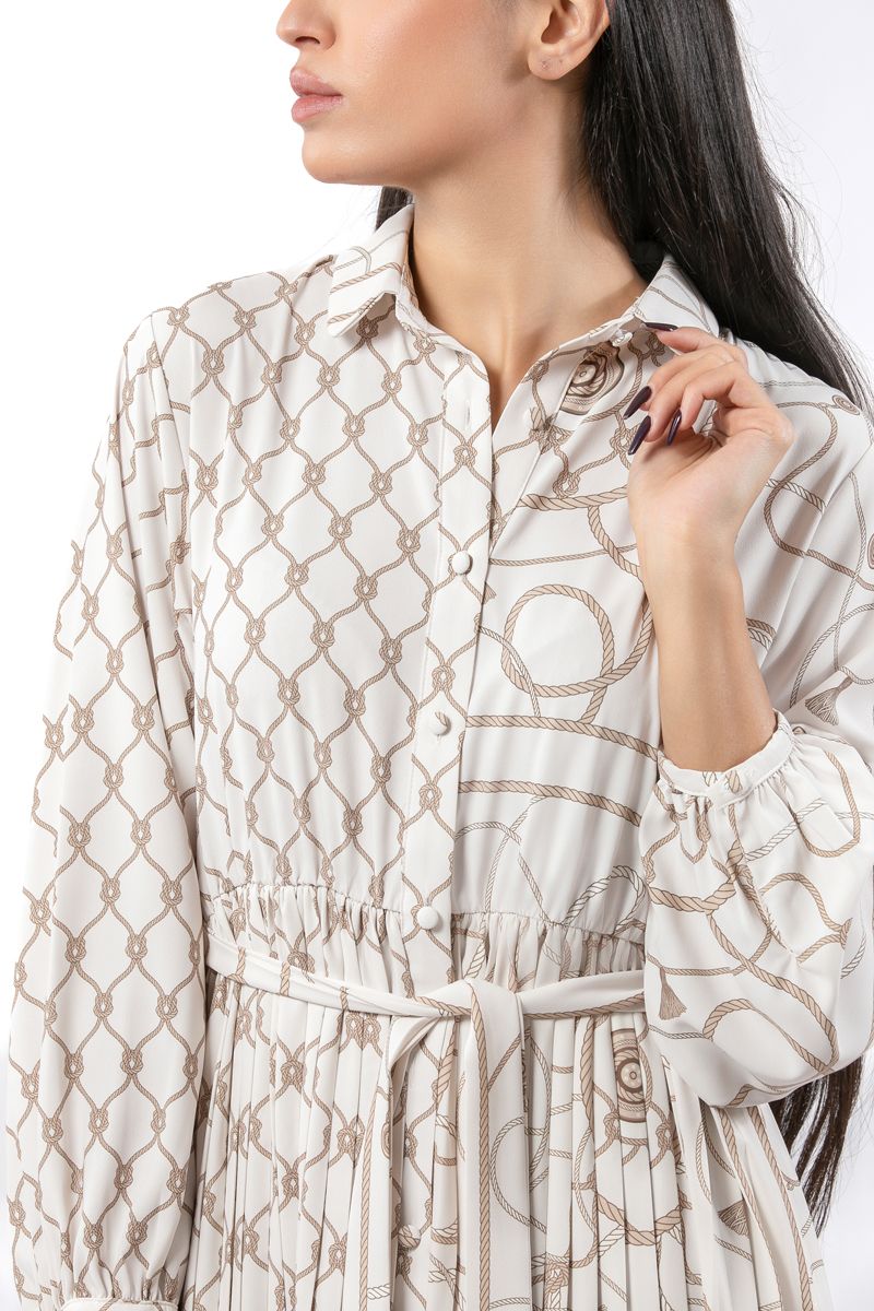pleated women shirt dress with printed pattern