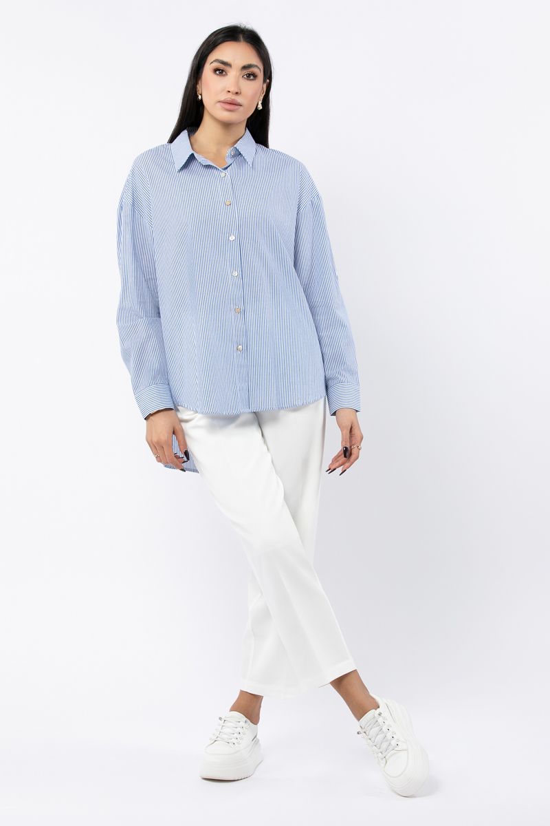 قميص نسائي مخطط غير متماثل الطول