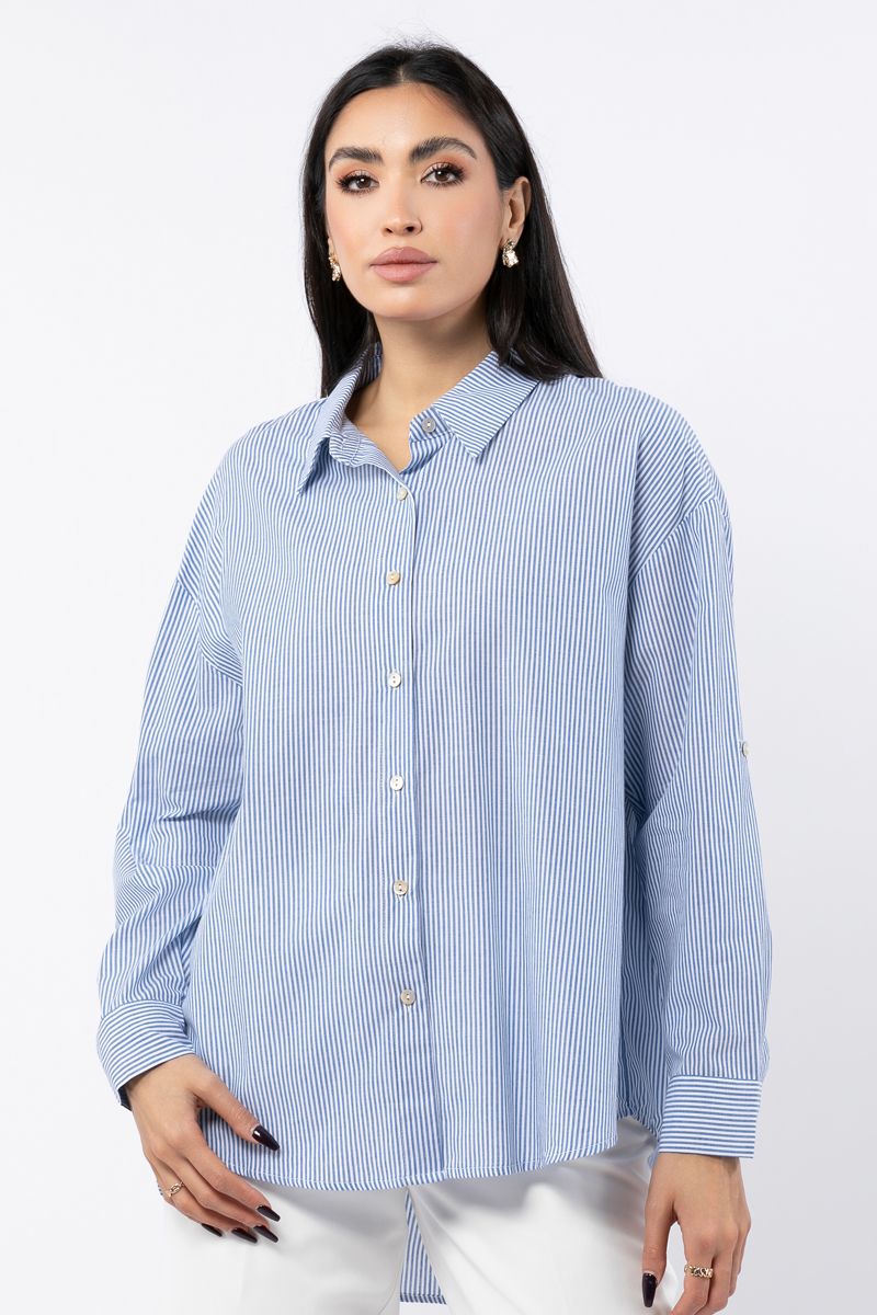 قميص نسائي مخطط غير متماثل الطول